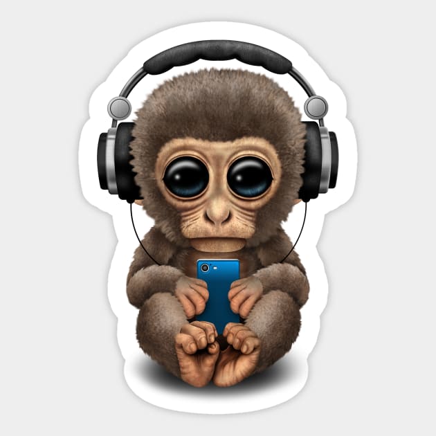 Cute Baby Monkey With Cell Phone Wearing Headphones Sticker by jeffbartels